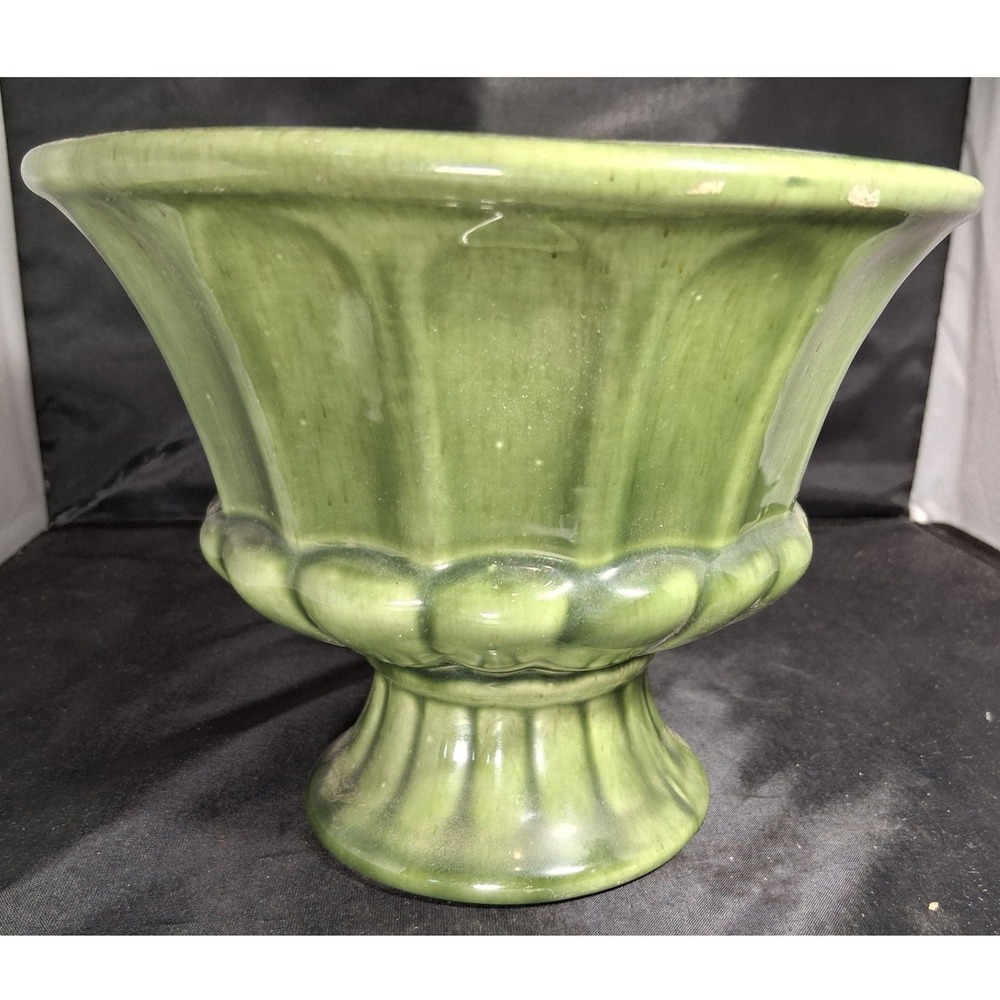 Vintage FTD Green Ceramic Pedestal Planter Urn Fluted Vase USA F-71